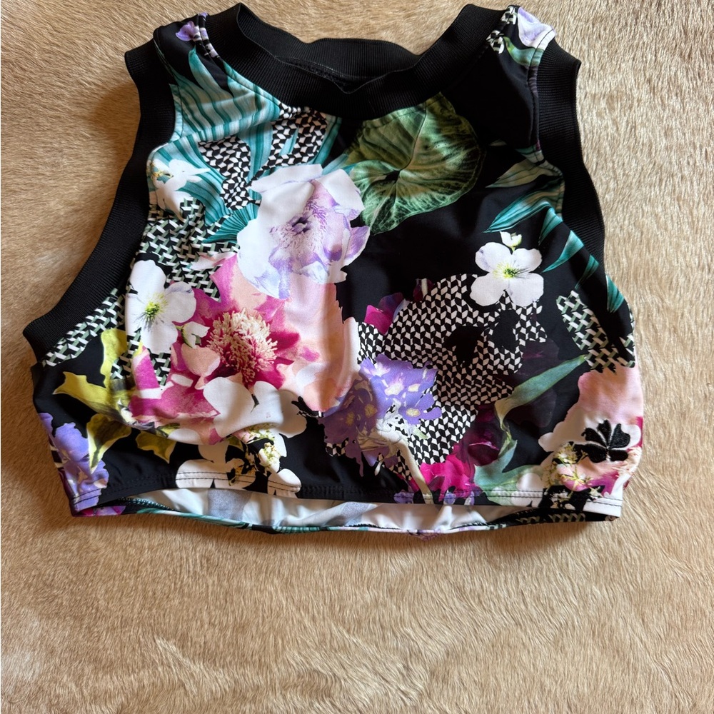Hapari Black and Pink Graphic Crop swim top
